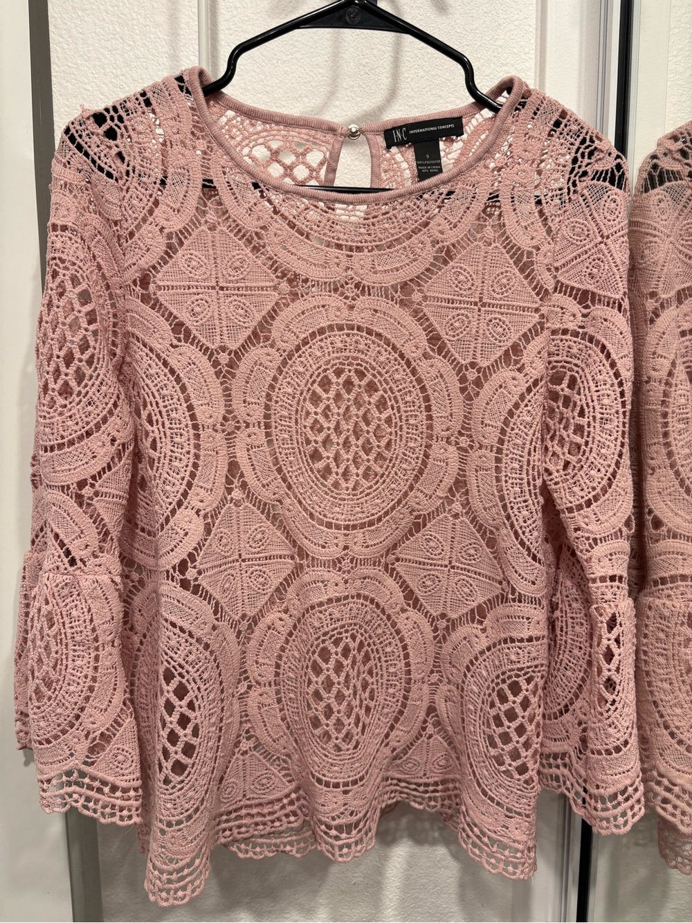 INC International Concepts Dusty Rose Crochet Lace Long Sleeve Top